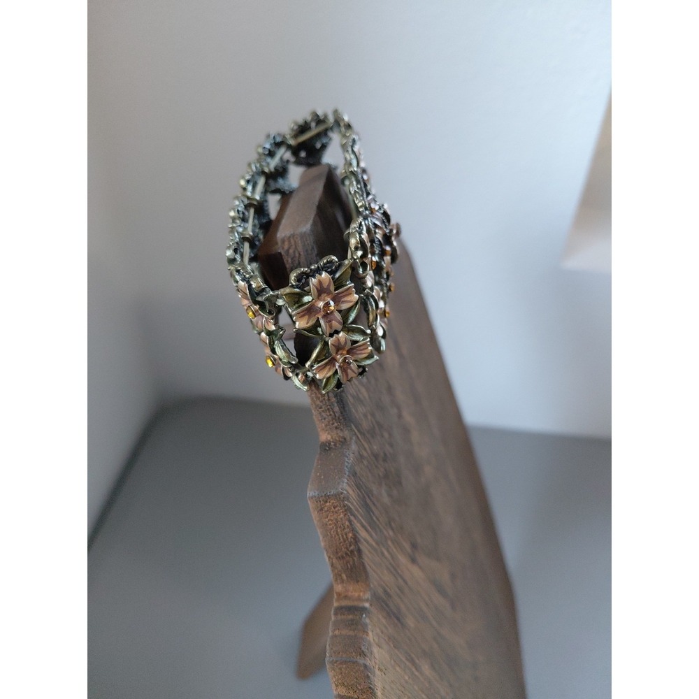 Vintage 1980s Enamel On Bronze Floral Flower Open Panel Link Bracelet Fairy Chic - Picture 3 of 8